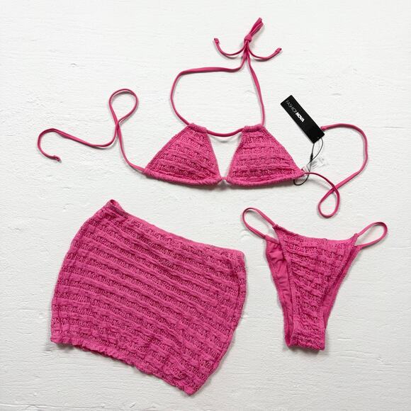 Fashion Nova Hot Pink Crochet Bikini Skirt Set, Size Medium - Picture 1 of 9